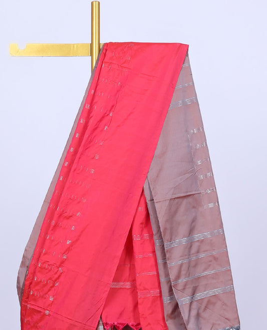 Borderless purple & pink aarani saree with buttas & stripes on its body, self-pallu of stripes