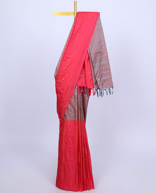 Borderless purple & pink aarani saree with buttas & stripes on its body, self-pallu of stripes