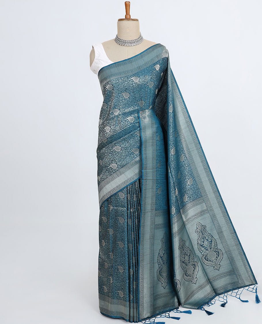 Blue paisley vine jacquard design fancy softy saree, traditional zari border & pallu of intricate designs
