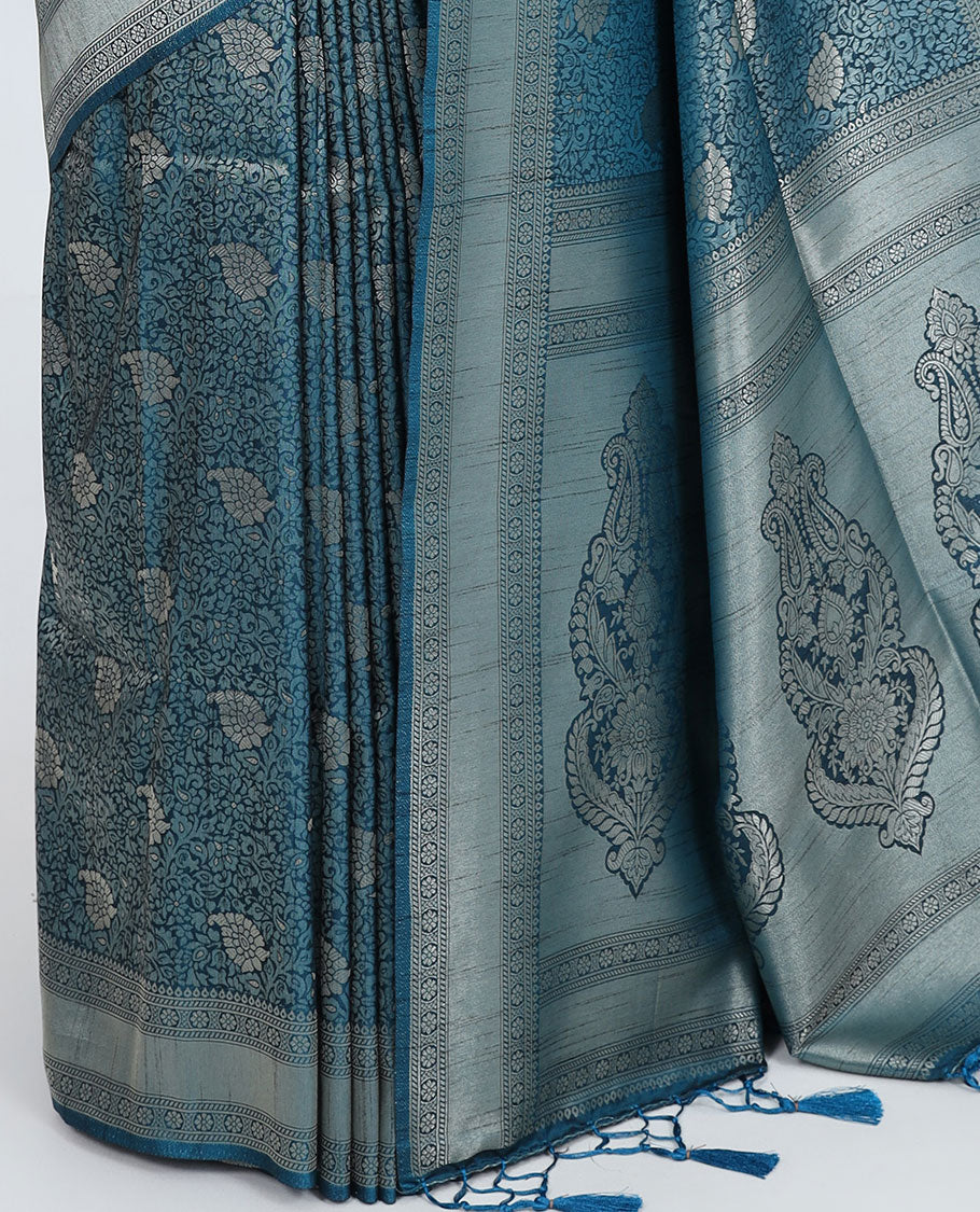 Blue paisley vine jacquard design fancy softy saree, traditional zari border & pallu of intricate designs