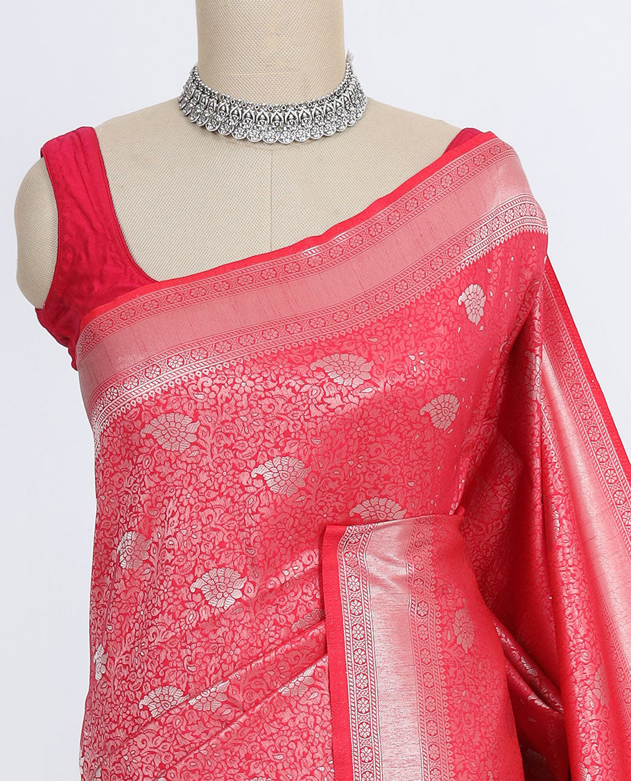 Red paisley vine jacquard design fancy softy saree, traditional zari border & pallu of intricate designs