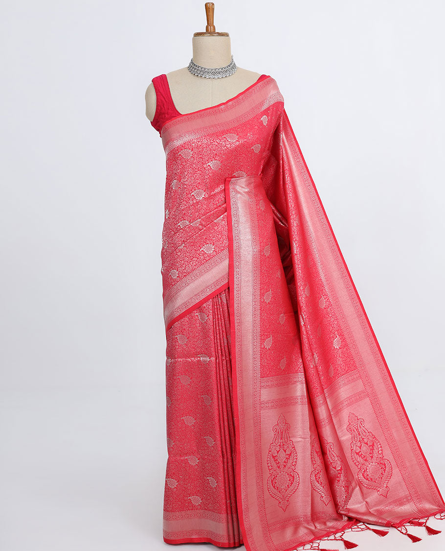 Red paisley vine jacquard design fancy softy saree, traditional zari border & pallu of intricate designs