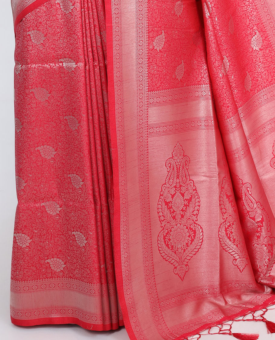Red paisley vine jacquard design fancy softy saree, traditional zari border & pallu of intricate designs