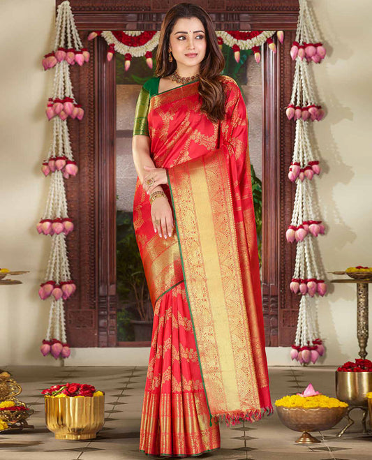 Red floral vine silksaree,zari border of muthu,poun,kili,zari stripe & yaali & pallu of round yaanai,kuthirai & jaal    