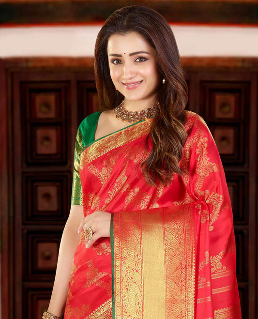 Red floral vine silksaree,zari border of muthu,poun,kili,zari stripe & yaali & pallu of round yaanai,kuthirai & jaal    