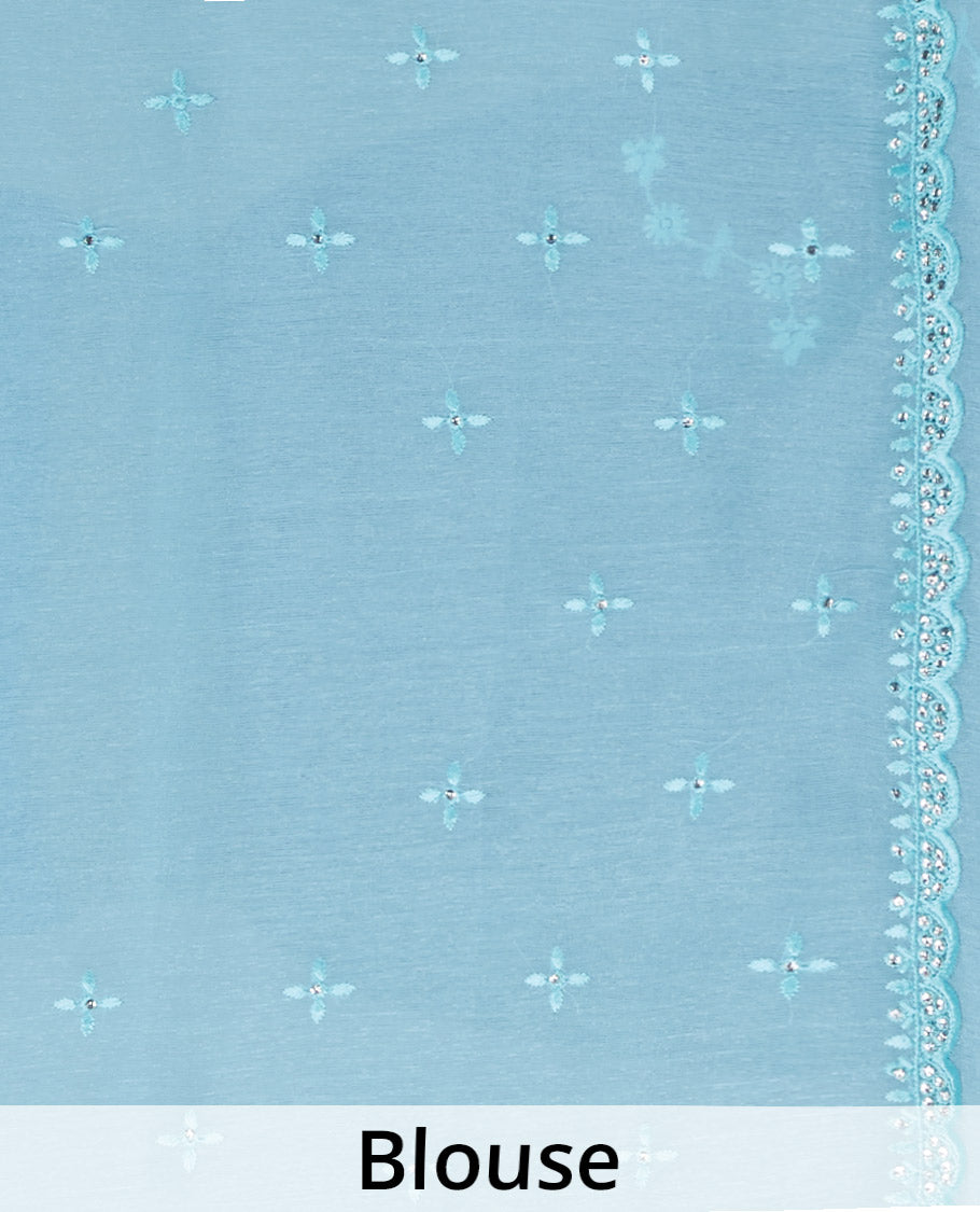 Blue floral vine thread embroidered & stonework designer chiffon saree, scallop stone embroidery border & 