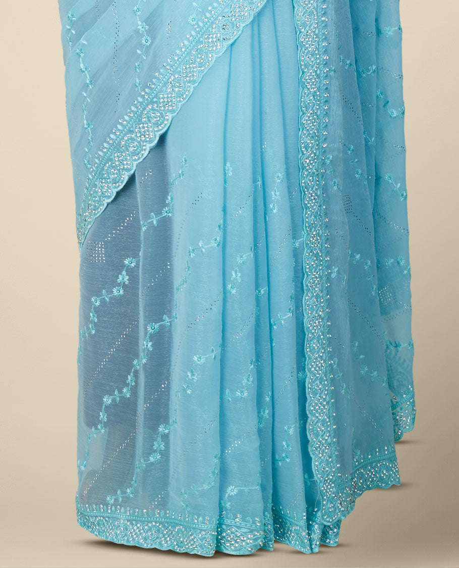 Blue floral vine thread embroidered & stonework designer chiffon saree, scallop stone embroidery border & 