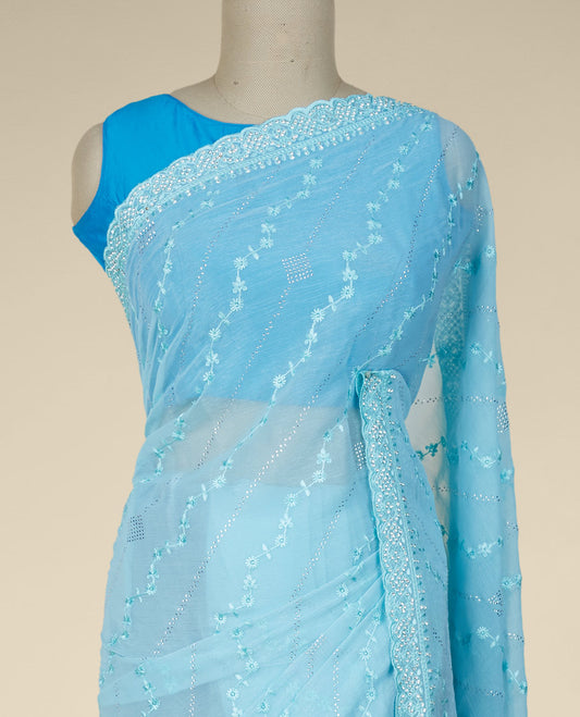 Blue floral vine thread embroidered & stonework designer chiffon saree, scallop stone embroidery border & 