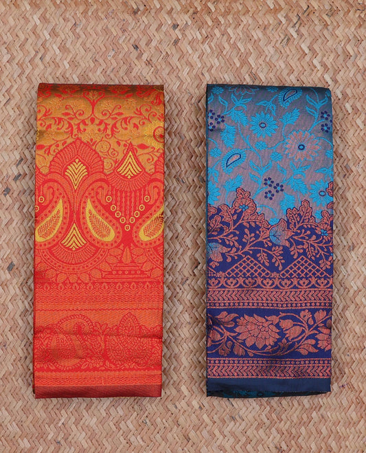 Pack of 2 combo litchi sarees, yellow & blue jacquard sarees with contrast traditional motif borders & intricate pallu