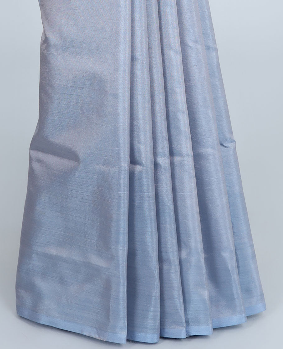 Borderless grey banana pith saree with all-over buttas, contrast pallu of stripes