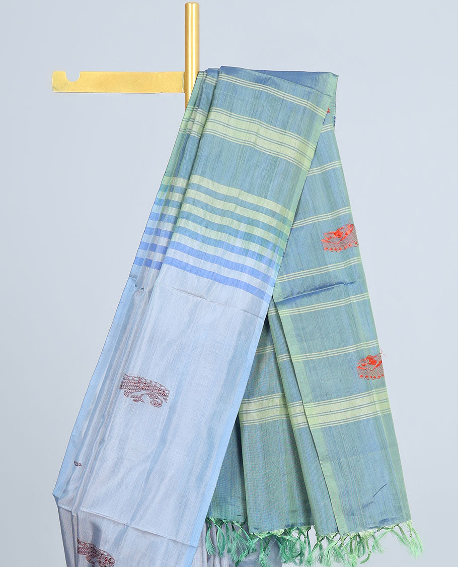 Borderless grey banana pith saree with all-over buttas, contrast pallu of stripes