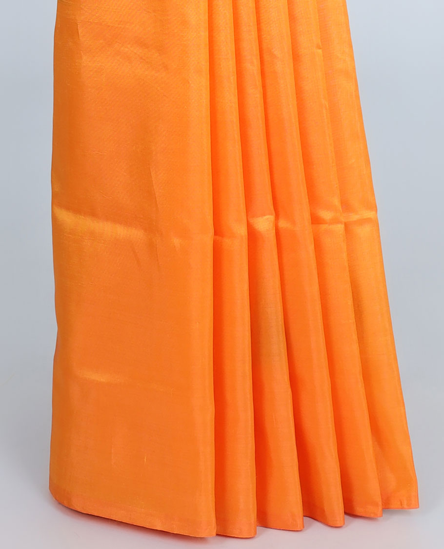 Borderless orange banana pith saree with all-over buttas, contrast pallu of stripes