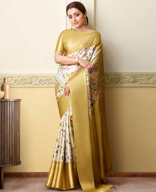 Gold lotus vine meenakari jacquard silksaree,zari border of rekku,banaras & zari stripe & pallu of thilakam mokku & jaal