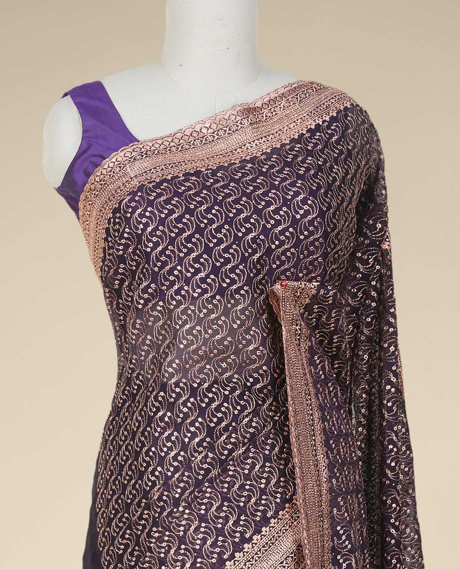 Purple sequins & thread embroidered georgette saree, intricately embroidered border