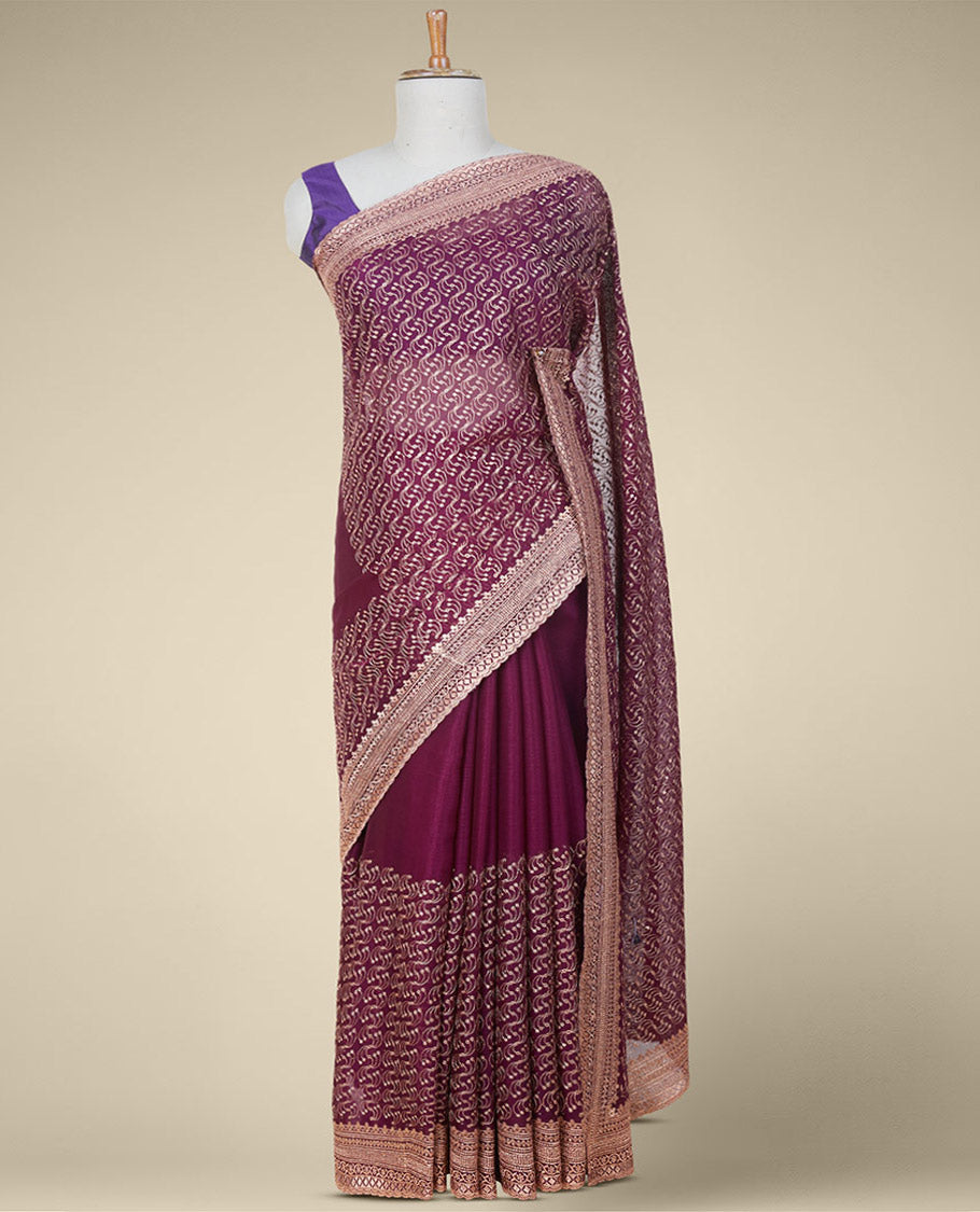 Purple sequins & thread embroidered georgette saree, intricately embroidered border