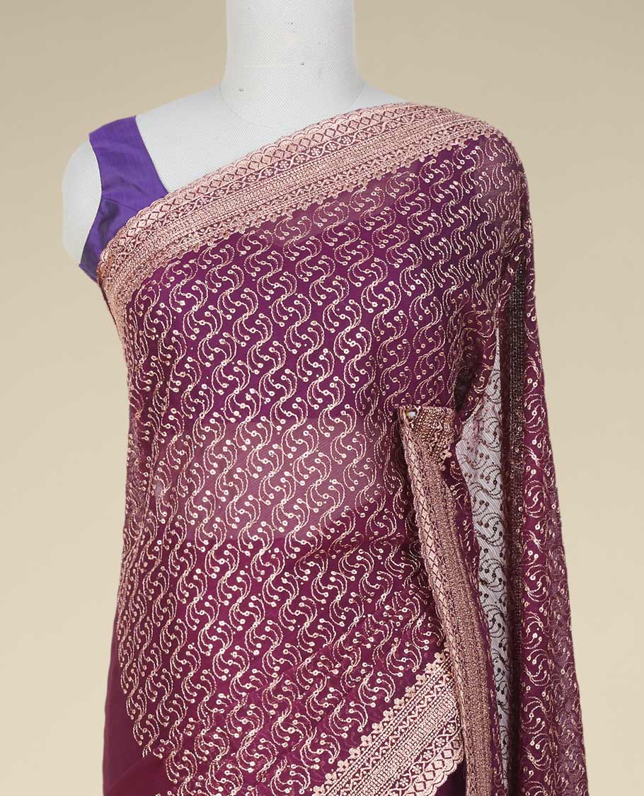 Purple sequins & thread embroidered georgette saree, intricately embroidered border