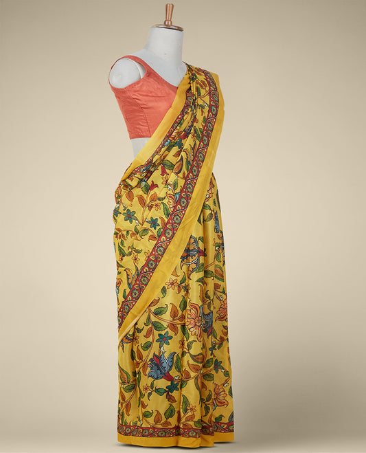 Yellow kaleidoscopic-colored kalamkari-style floral vine design digital printed semi banaras crepe,floral creeper print border