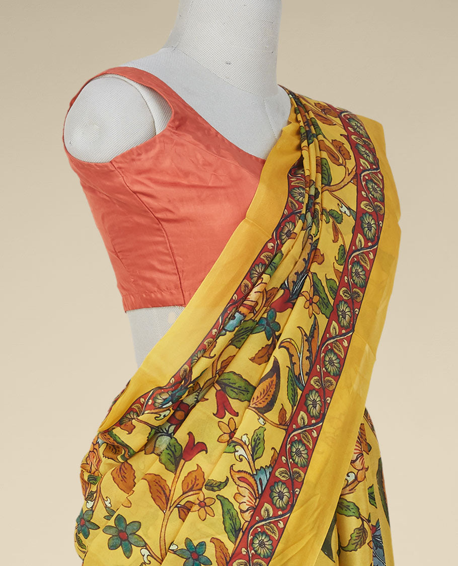 Yellow kaleidoscopic-colored kalamkari-style floral vine design digital printed semi banaras crepe,floral creeper print border