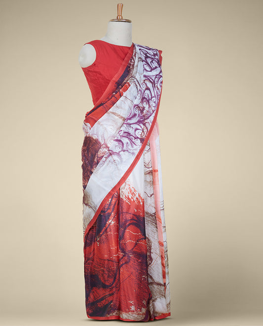 Borderless multi-color painting-style uniquely printed semi banaras crepe saree