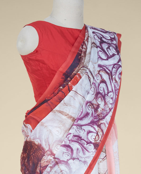Borderless multi-color painting-style uniquely printed semi banaras crepe saree
