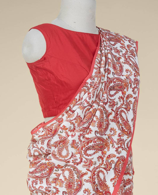 Borderless cream intricate paisley motifs printed fancy crepe saree