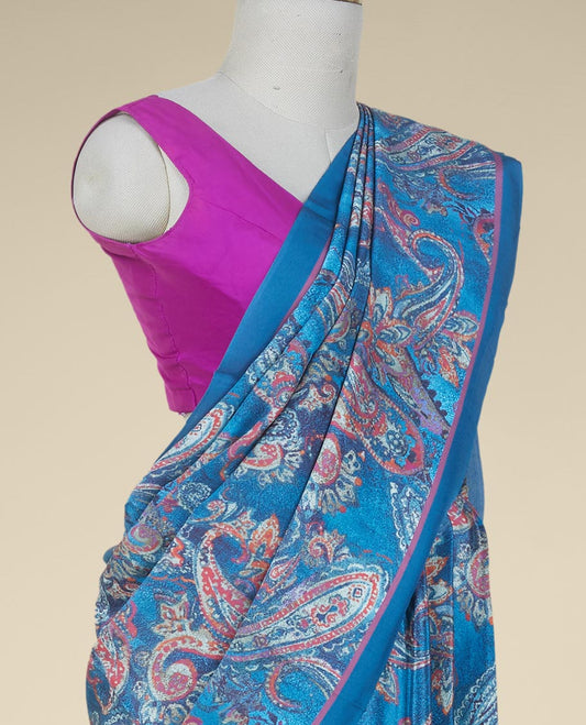 Blue intricate paisley designs printed fancy crepe saree, plain border
