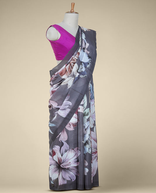 Grey colorful macro-size floral motifs printed semi banaras crepe saree