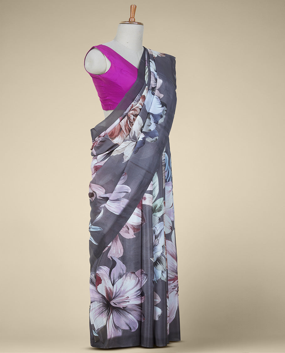 Grey colorful macro-size floral motifs printed semi banaras crepe saree