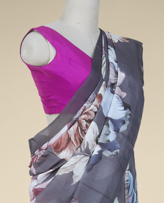 Grey colorful macro-size floral motifs printed semi banaras crepe saree