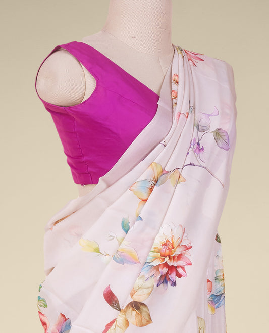 Purple printed semi banaras crepe saree features multi-color floral motifs 