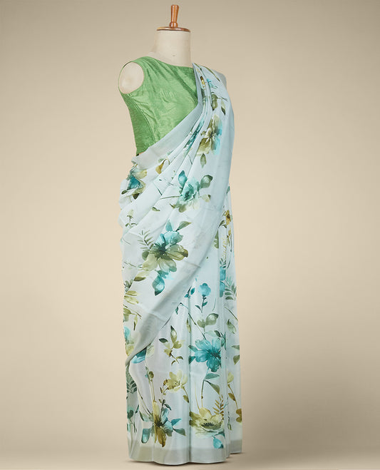 Green printed semi banaras crepe saree with elegant floral vine designs