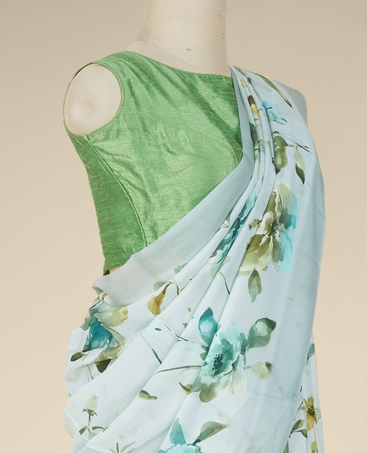 Green printed semi banaras crepe saree with elegant floral vine designs