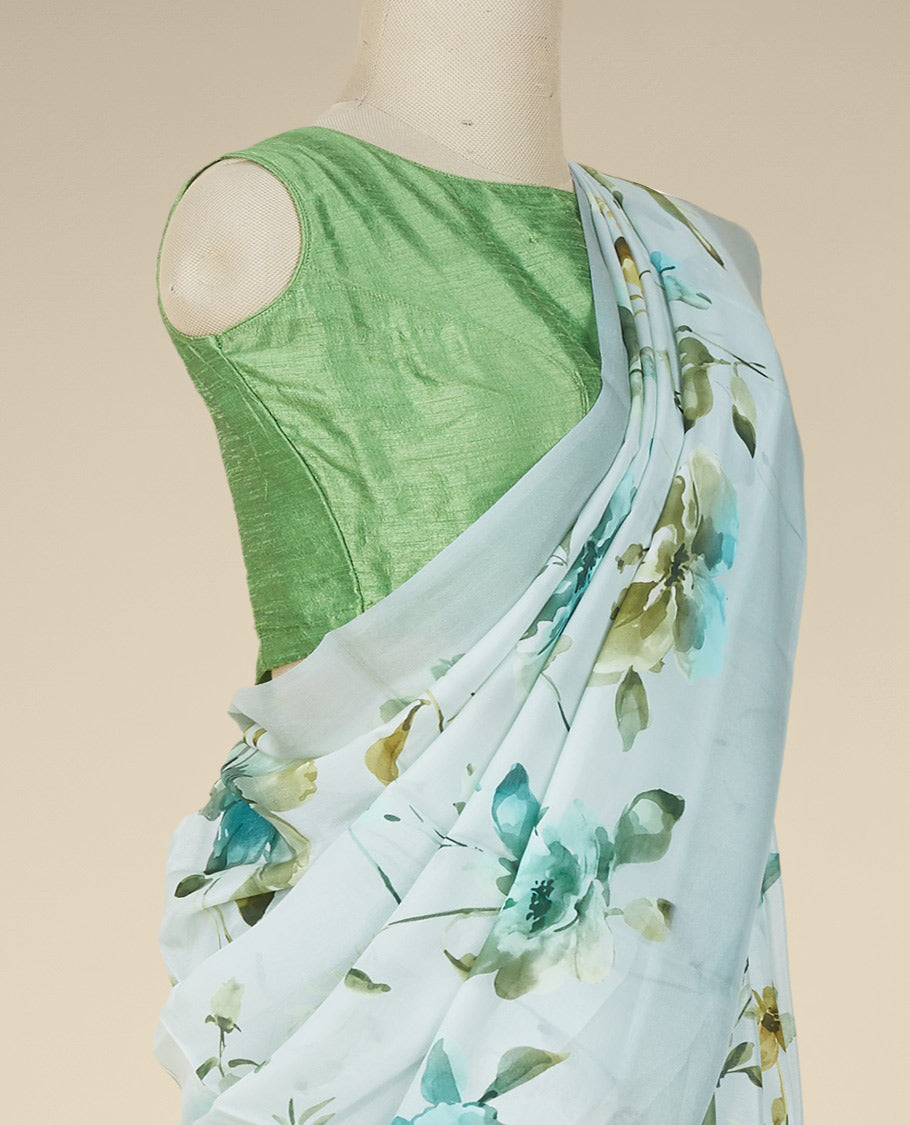 Green printed semi banaras crepe saree with elegant floral vine designs
