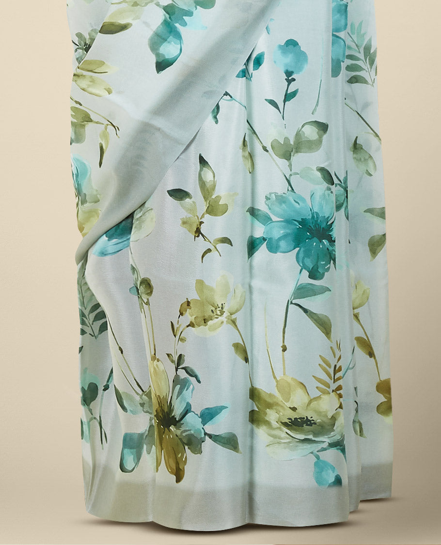 Green printed semi banaras crepe saree with elegant floral vine designs