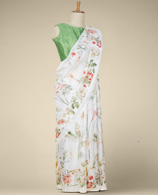 Multi Color printed semi banaras crepe saree with unique floral vine designs