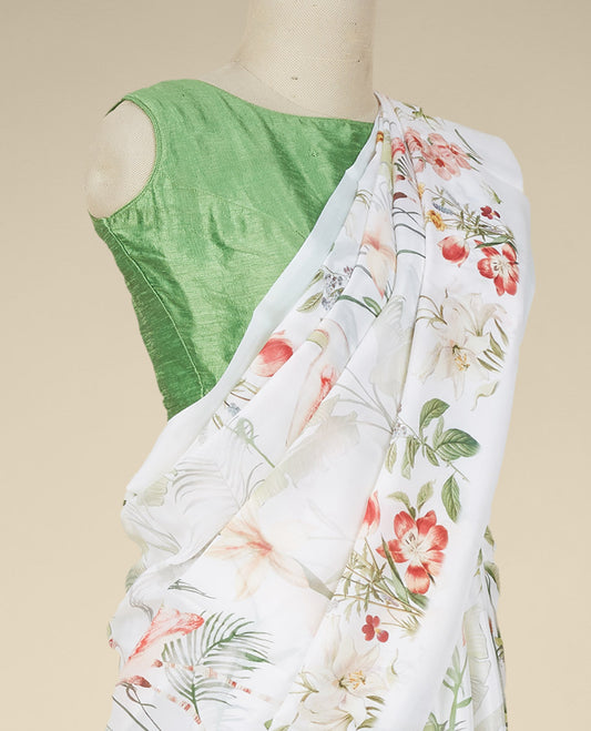 Multi Color printed semi banaras crepe saree with unique floral vine designs