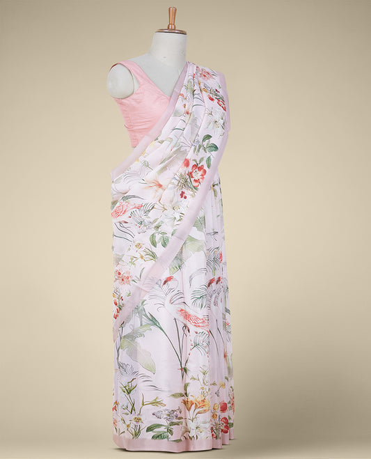 Baby pink printed semi banaras crepe saree with unique floral vine designs