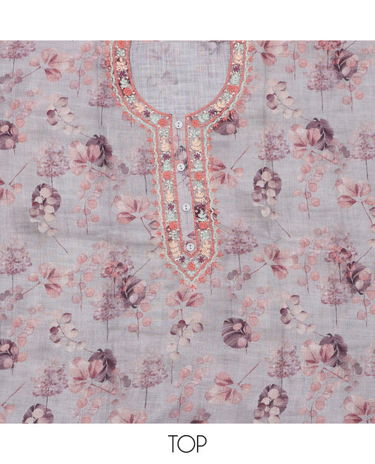 Green material chudidhar set, floral printed & neck thread embroidery linen top, plain cotton bottom & solid dupatta