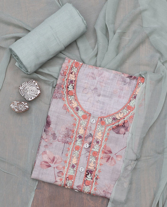 Green material chudidhar set, floral printed & neck thread embroidery linen top, plain cotton bottom & solid dupatta