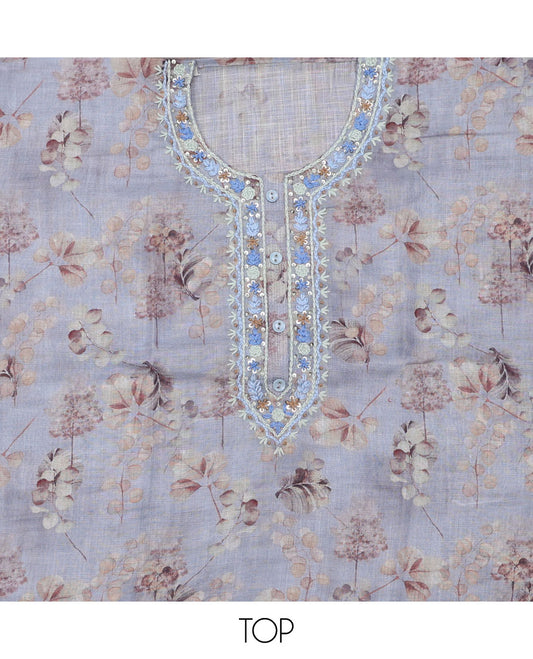 Blue material chudidhar set, floral printed & neck thread embroidery linen top, plain cotton bottom & solid dupatta