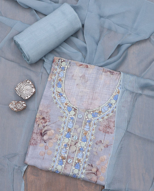 Blue material chudidhar set, floral printed & neck thread embroidery linen top, plain cotton bottom & solid dupatta