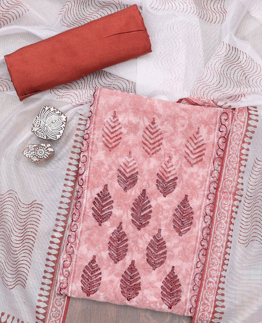 Cream material chudidhar,floral print & neckwork kota cotton top,santoon plain bottom & contrast chevron print dupatta