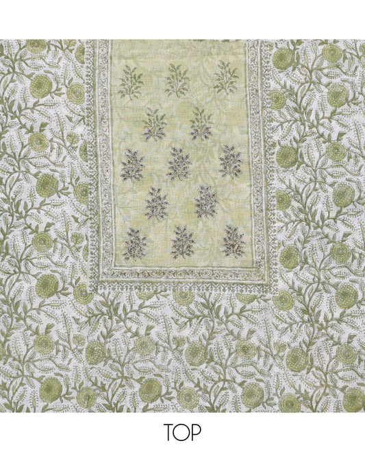 Green material chudidhar,floral print & neckwork kota cotton top,santoon plain bottom & contrast chevron print dupatta