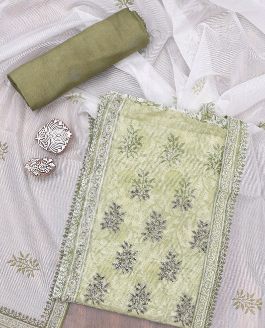 Green material chudidhar,floral print & neckwork kota cotton top,santoon plain bottom & contrast chevron print dupatta