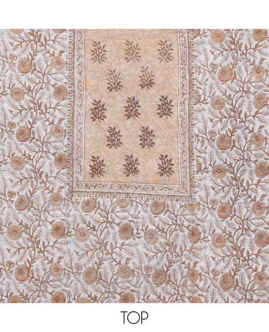 Brown material chudidhar,floral print & neckwork kota cotton top,santoon plain bottom & contrast chevron print dupatta