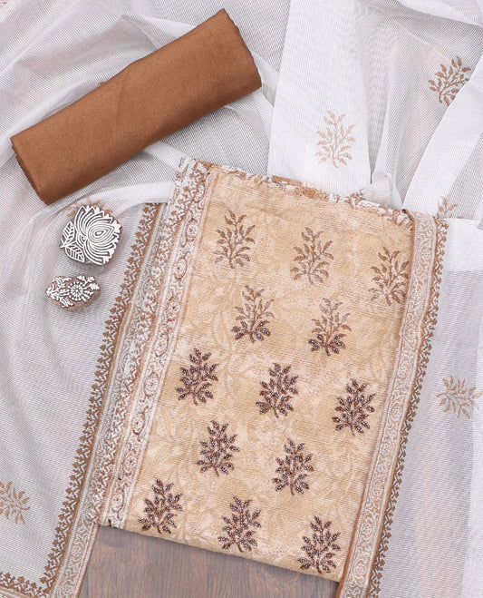 Brown material chudidhar,floral print & neckwork kota cotton top,santoon plain bottom & contrast chevron print dupatta
