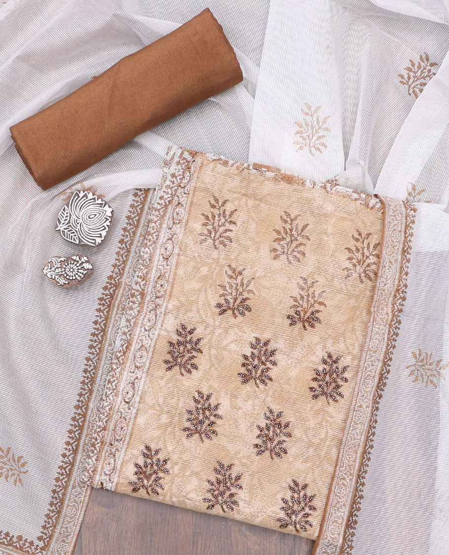 Brown material chudidhar,floral print & neckwork kota cotton top,santoon plain bottom & contrast chevron print dupatta