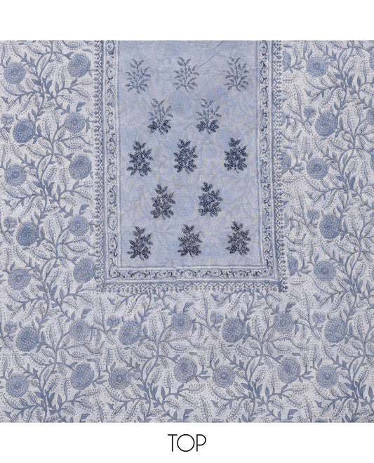 Blue material chudidhar,floral print & neckwork kota cotton top,santoon plain bottom & contrast chevron print dupatta
