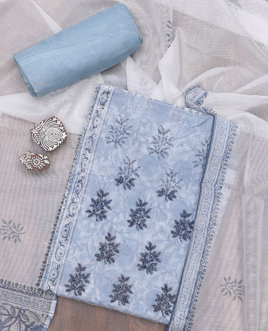 Blue material chudidhar,floral print & neckwork kota cotton top,santoon plain bottom & contrast chevron print dupatta