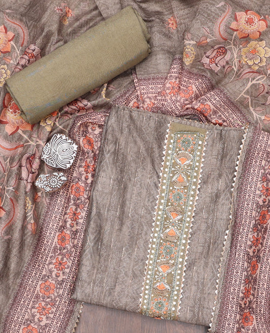 Green material chudidhar,intricate print & embroidery tissue top,plain santoon bottom & floral design chanderi dupatta